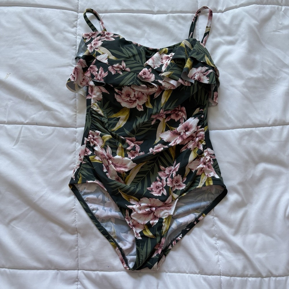 Kona Sol Swimsuit One Piece Womens Small Green Floral Tropical Beach Summer